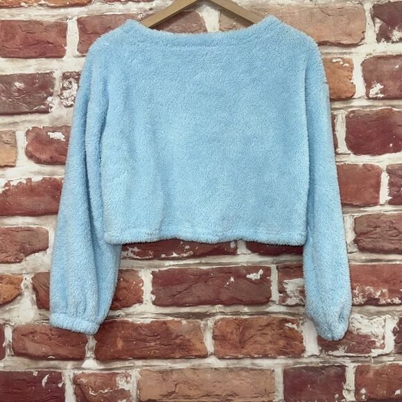Zaful Cropped Sweater Women's Size 4 Blue Fuzzy Soft Casual Long Sleeves - Picture 4 of 10